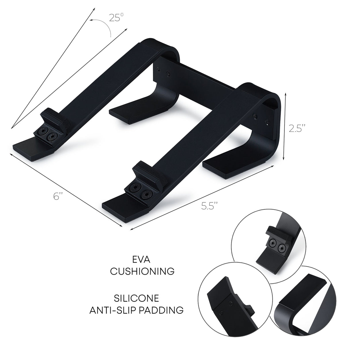 Roland AIRA Compact stand dimensions 6 x 5.5 x 2.5 inches, 25° angle, EVA cushioning and silicone anti-slip padding