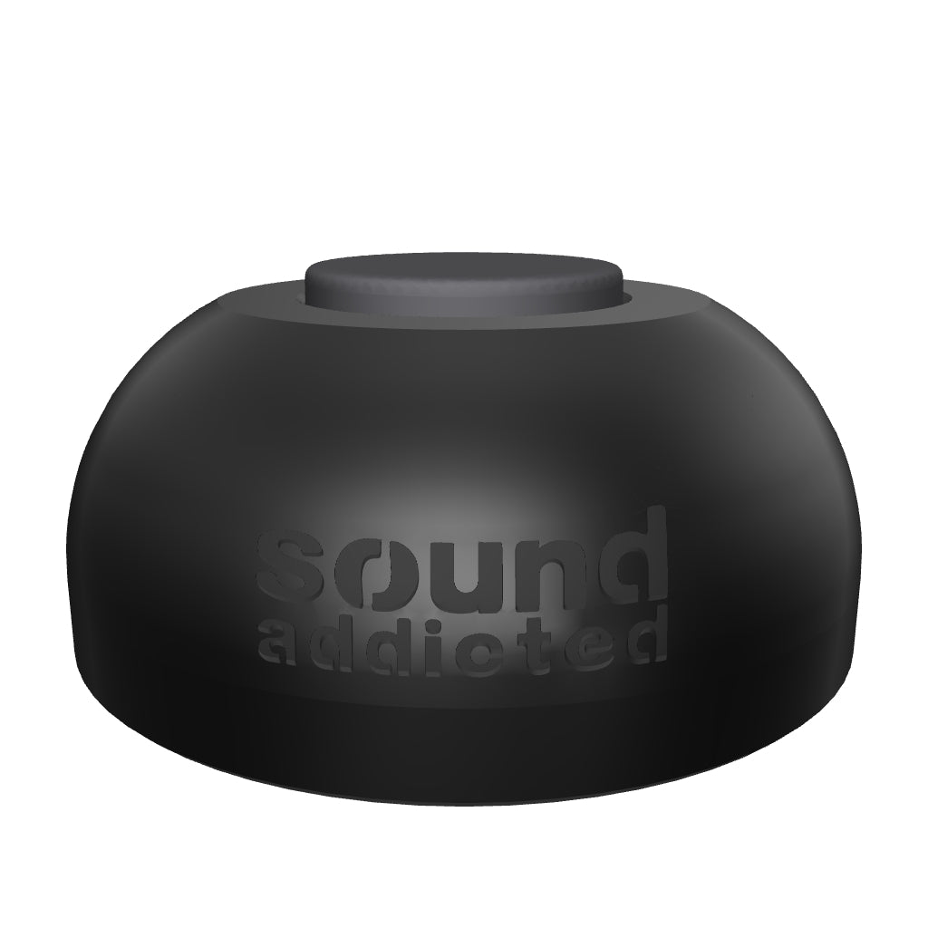 3D model of one s-Pods isolation foot: black anodized aluminum dome with engraved Sound Addicted logo and silicone insert