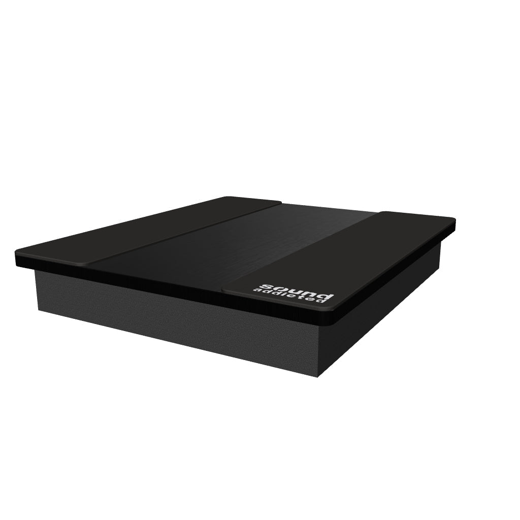 3D model of the VibeBoss P10 subwoofer isolation platform: wood-grain MDF board, CR foam strips and high-density foam base