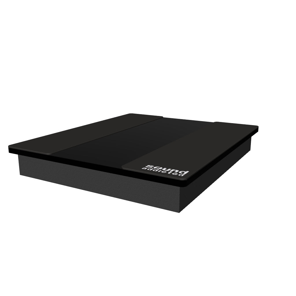 3D model of the VibeBoss P12 subwoofer isolation platform: glossy black MDF board, CR foam strips and high-density foam base