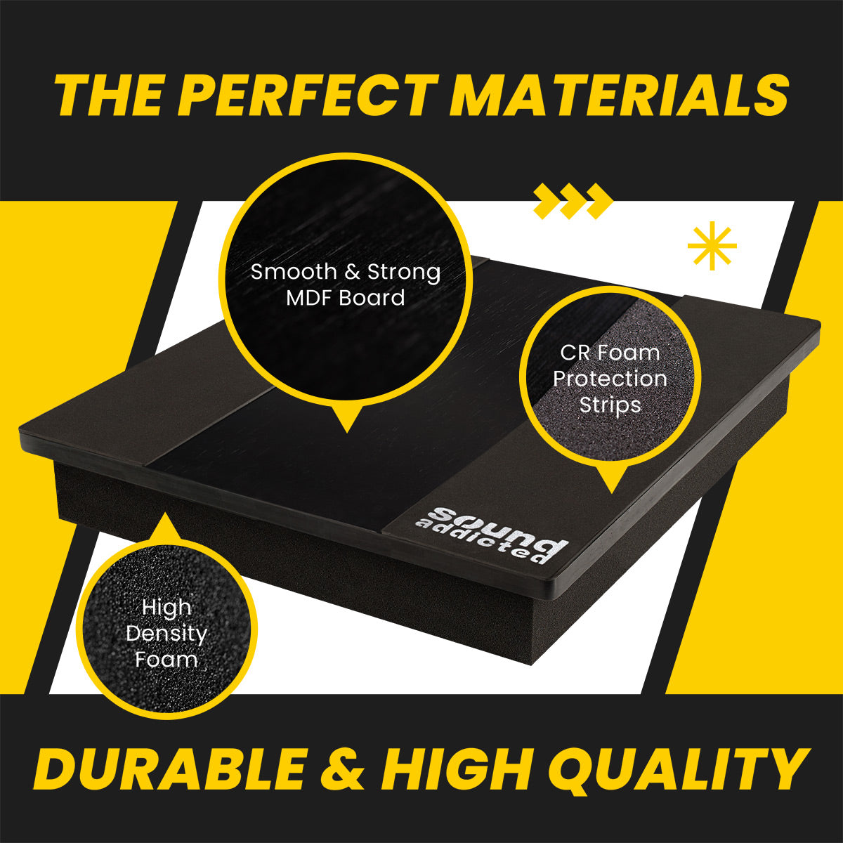VibeBoss isolation platform layers: MDF board, high-density foam and CR foam strips