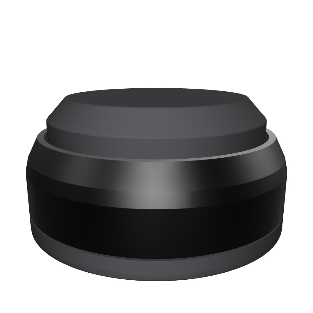 3D model of one subPods subwoofer isolation foot: black anodized aluminum ring between a silicone top pad and a silicone base with the Sound Addicted logo