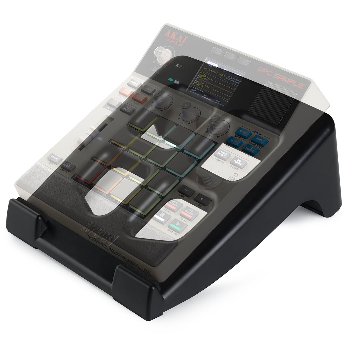 Akai MPC Sample on the Sound Addicted 20° ergonomic stand, black, with front stoppers